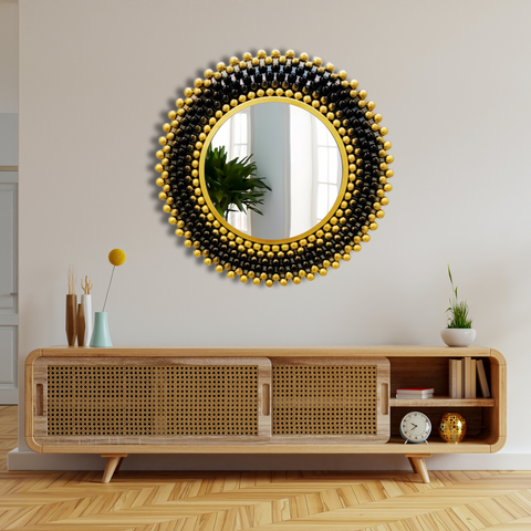 Luxury Round Wall Mirror | Gold & Black Beaded Framed Mirror