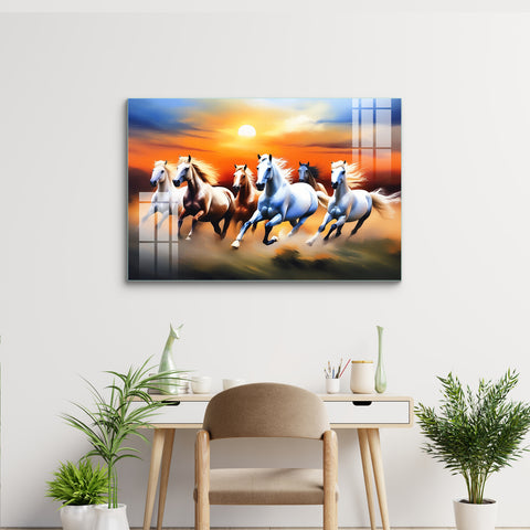 Tempered Glass Frameless Wall Painting: Modern Depiction of 6 Running Horses