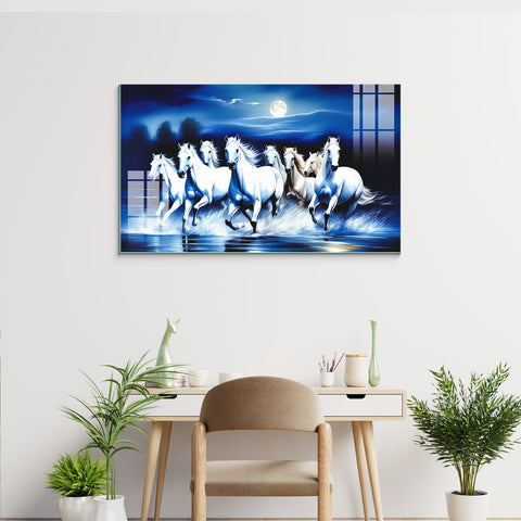 Tempered Glass Frameless Wall Painting: 8 Horses Running Glass Paintings