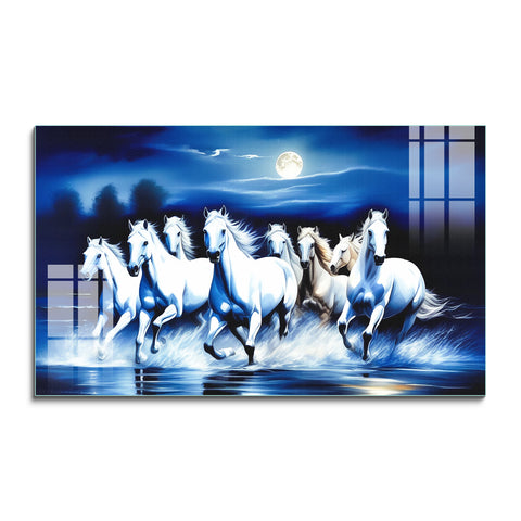 Tempered Glass Frameless Wall Painting: 8 Horses Running Glass Paintings