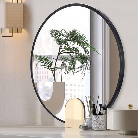 Round Matte Black Metallic Framed Mirror for Bathroom and Living Room