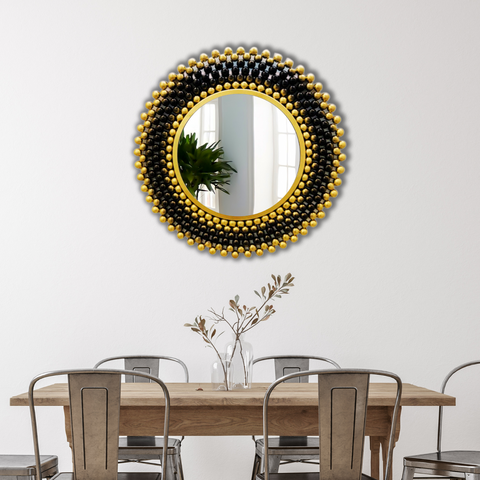 Luxury Round Wall Mirror | Gold & Black Beaded Framed Mirror
