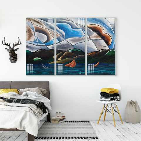 Beautiful Abstract Multi Frame Colourful Wall Painting for Living Room: Abstract Clouds and Water Paintings
