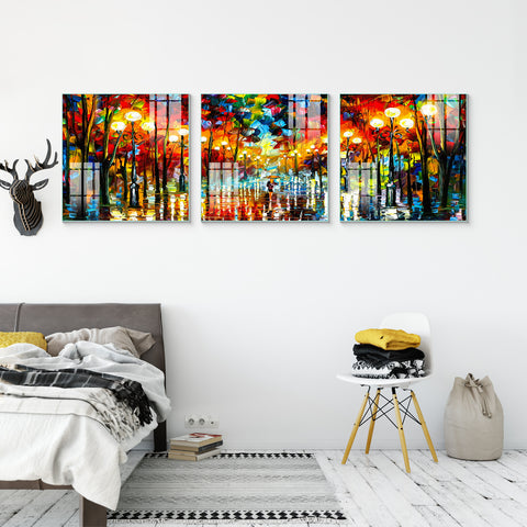 Abstract Multi Frame Colorful Wall Painting for Living Room: Rainy Light Blues