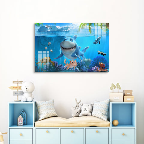 Frameless Beautiful Glass Wall Painting for Home: Aquarium Mural Design