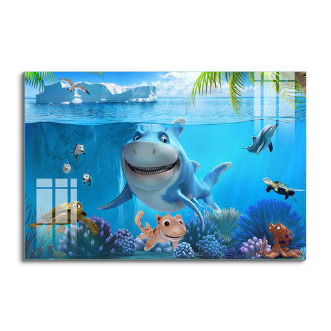 Frameless Beautiful Glass Wall Painting for Home: Aquarium Mural Design