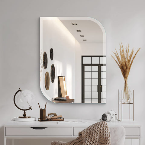 Frameless Asymmetrical Rectangular Beveled Mirror with Polished Edges for Living and Bathroom