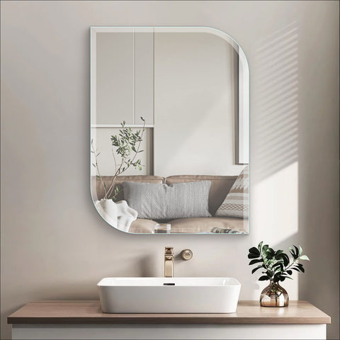 Frameless Asymmetrical Rectangular Beveled Mirror with Polished Edges for Living and Bathroom