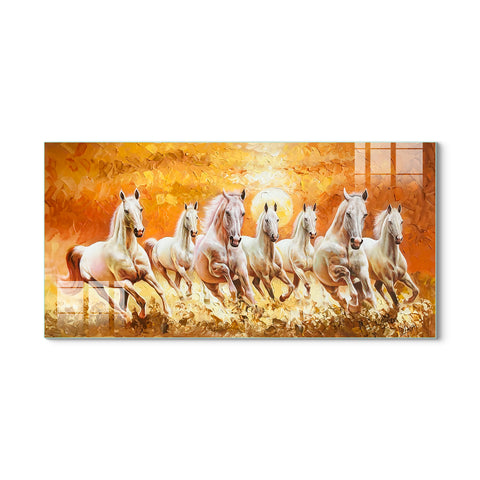 Beautiful Frameless Tempered Glass Painting: Seven Horses-Golden Paintings