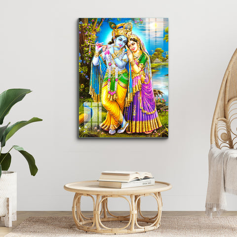 Beautiful Glass Wall Painting for Home: Radha Krishan Magical Flute Painting