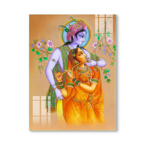 Beautiful Glass Wall Painting for Home: Radha Krishan Magical Flute