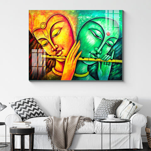 Beautiful Modern Elegant Multicolor Radha Krishna Glass Wall Painting