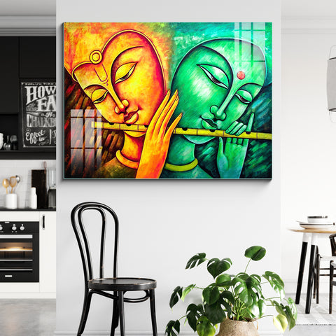 Beautiful Modern Elegant Multicolor Radha Krishna Glass Wall Painting