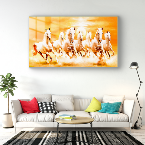 Beautiful Tempered Glass Frameless Painting: 'Seven Horse Golden Aura' Glass Artwork