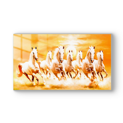 Beautiful Tempered Glass Frameless Painting: Seven Horse Golden Aura Glass Artwork