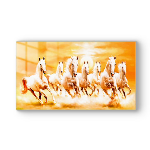 Beautiful Tempered Glass Frameless Painting: 'Seven Horse Golden Aura' Glass Artwork