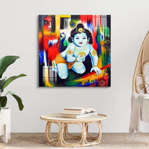 Beautiful Wall Painting for Home: Bal Krishna Glass Brush Painting