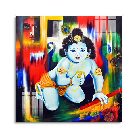 Beautiful Wall Painting for Home: Bal Krishna Glass Brush Painting