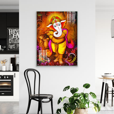 Beautiful Wall Painting for Home: Lord Ganesha With Flute Colourful Painting