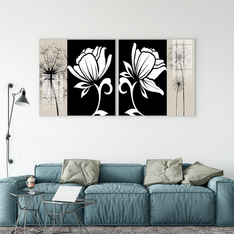 Beautiful Multiple Frame Colorful Wall Painting for Living Room: Black and White floral abstract art