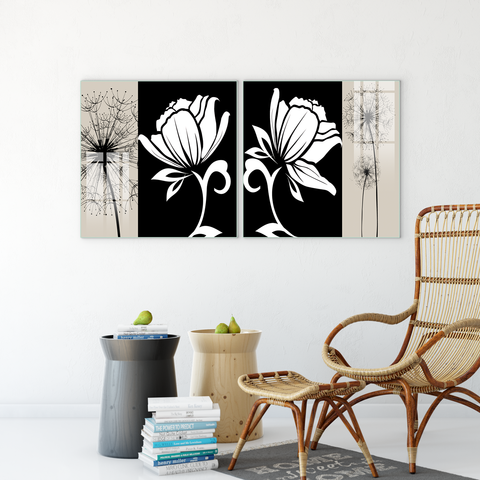 Beautiful Multiple Frame Colorful Wall Painting for Living Room: Black and White floral abstract art