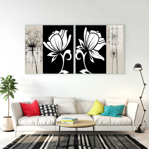 Beautiful Multiple Frame Colorful Wall Painting for Living Room: Black and White floral abstract art