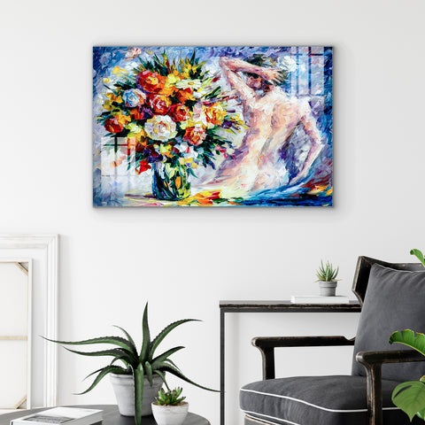 Abstract Frameless Beautiful Wall Painting for Home: Bouquet Woman Sitting near flowers painting