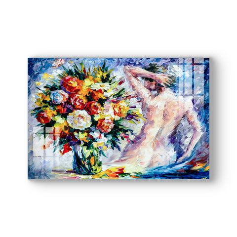 Abstract Frameless Beautiful Wall Painting for Home: Bouquet Woman Sitting near flowers painting
