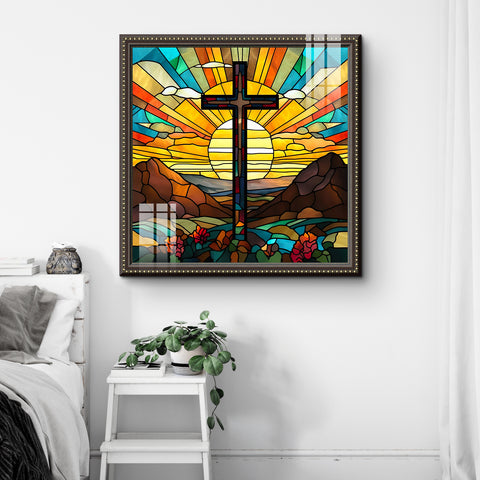 Colorful Mosaic Glass Cross Artwork with Vibrant Sunburst Design, Glass Wall Art for Living Room