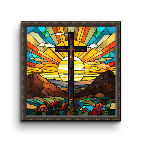 Colorful Mosaic Glass Cross Artwork with Vibrant Sunburst Design, Glass Wall Art for Living Room