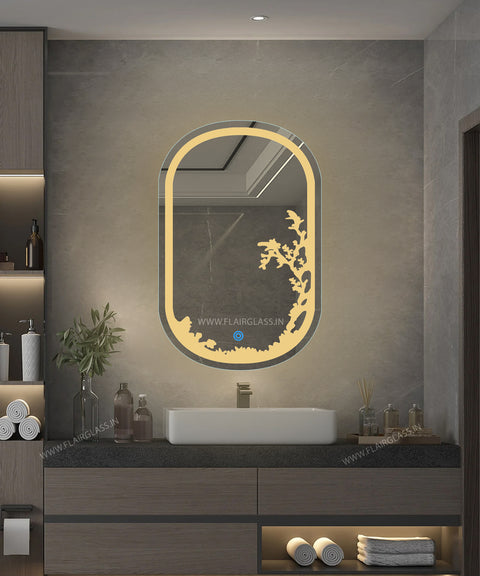 Etching Border Edge LED Bathroom Mirror Glow-Warm White Light - Oval