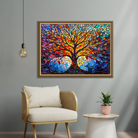 Frameless Eternal Bloom Vibrant Mosaic Tree Glass Art β Abstract Glass Painting for Wall DΓ©cor