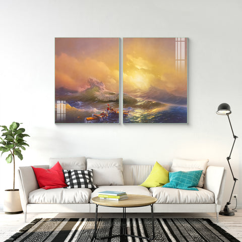 Antique Wave Abstract Colorful Wall Painting for Living Room: Fan Art of Seascape