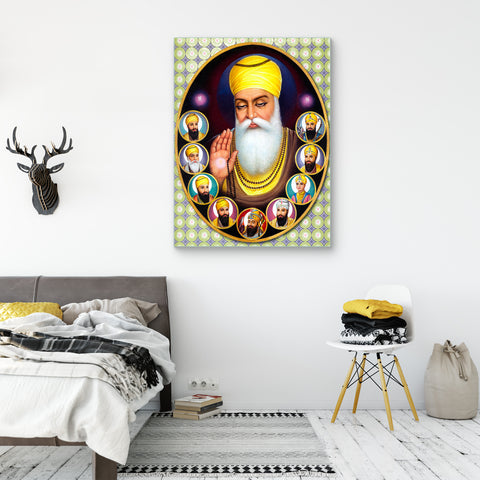 Frameless Beautiful Wall Painting: Dus Guru of Sikhism Mural Glass Painting