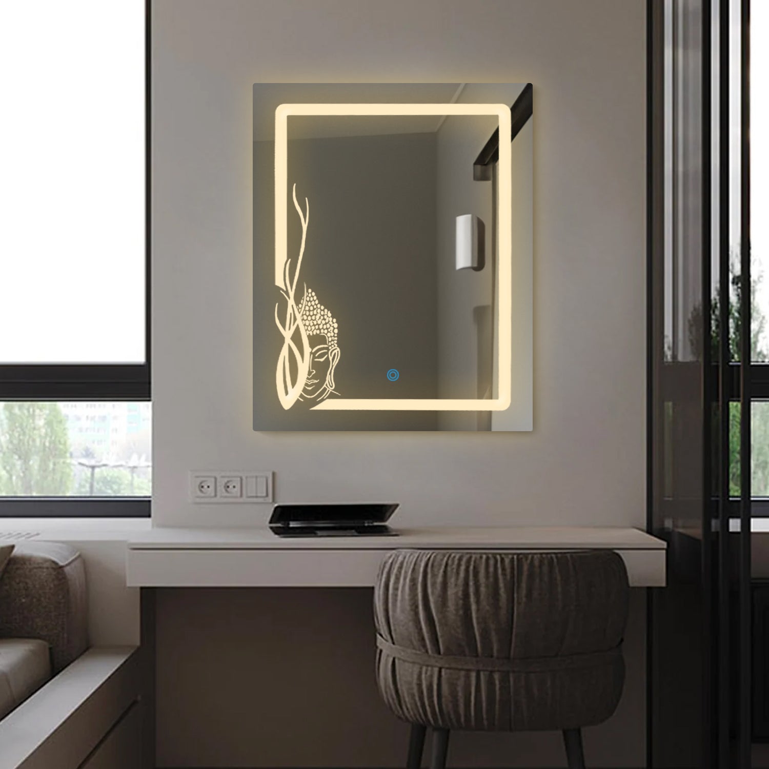 LED Mirror with Buddha Design - Warm Light - Rectangular – Flair Glass