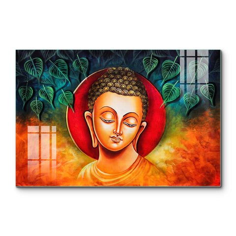 Golden Lord Gautam Buddha Peace Glass Painting