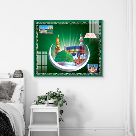 Holy Makkah Madinah Mosque Frameless Glass Wall Painting.