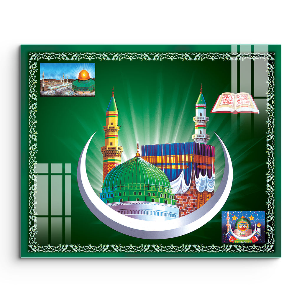 Holy Makkah Madinah Mosque Frameless Glass Wall Painting.