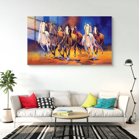 Stunning Frameless Tempered Glass Wall Painting - Seven Horses Running in Colorful Splendor