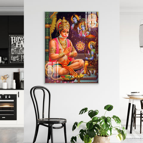 Load Shree Hanuman Ji with Lord Rama, Shiva Ji and Vishnu Ji Glass wall paintings for Home wall decor