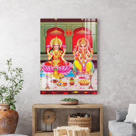 Frameless Maa Lakshmi & Ganesh Abstract Glass Paintings
