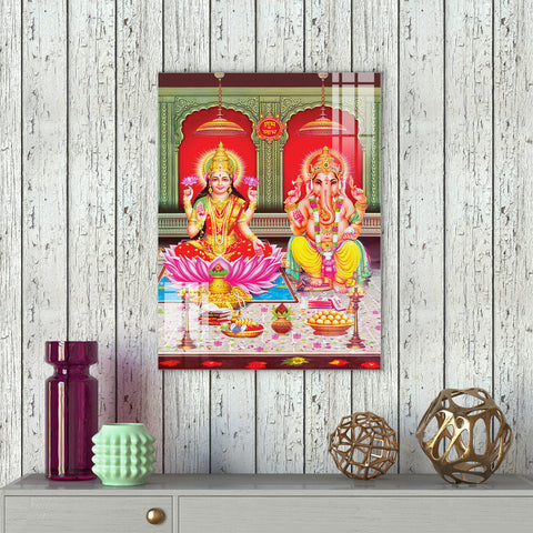 Frameless Maa Lakshmi & Ganesh Abstract Glass Paintings