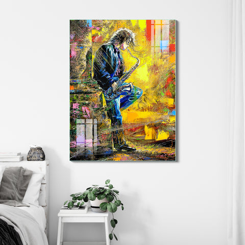 Frameless Beautiful Wall Painting for Home: Man with Saxophone Art Glass Painting
