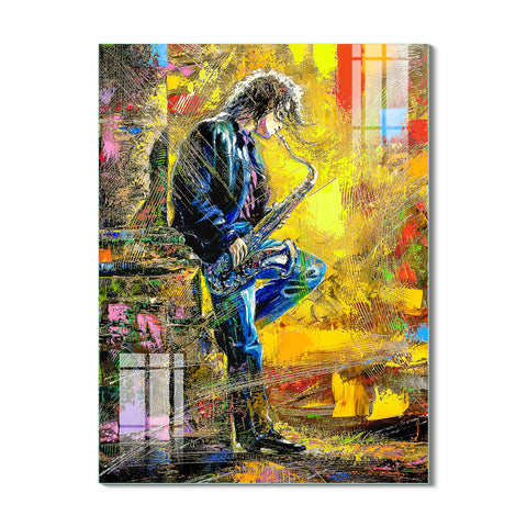 Frameless Beautiful Wall Painting for Home: Man with Saxophone Art Glass Painting