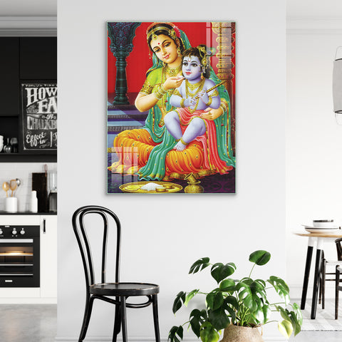 Mata Yashoda holding Kanha Glass Wall Painting for Home, Living Room, Mandir