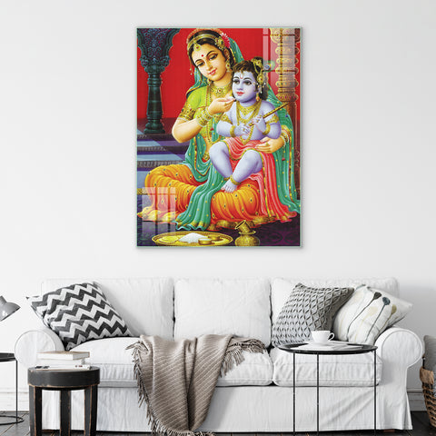 Mata Yashoda holding Kanha Glass Wall Painting for Home, Living Room, Mandir