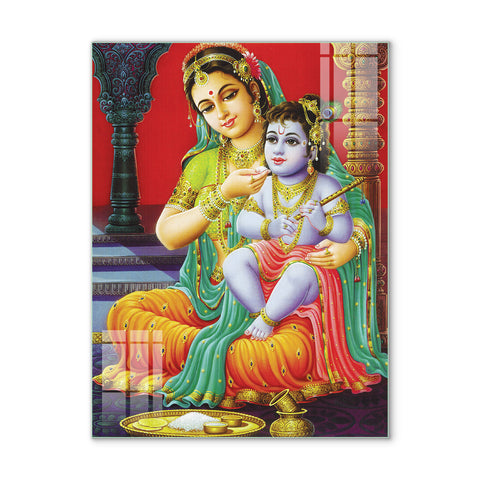 Mata Yashoda holding Kanha Glass Wall Painting for Home, Living Room, Mandir