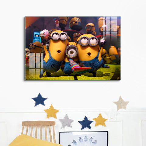 Frameless Beautiful Glass Wall Painting for Home: Minions Party