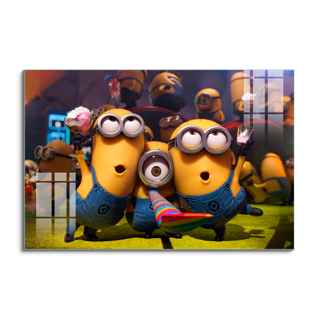 Frameless Beautiful Glass Wall Painting for Home: Minions Party