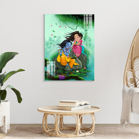 Modern Cute Radha Krishna Glass Wall Painting